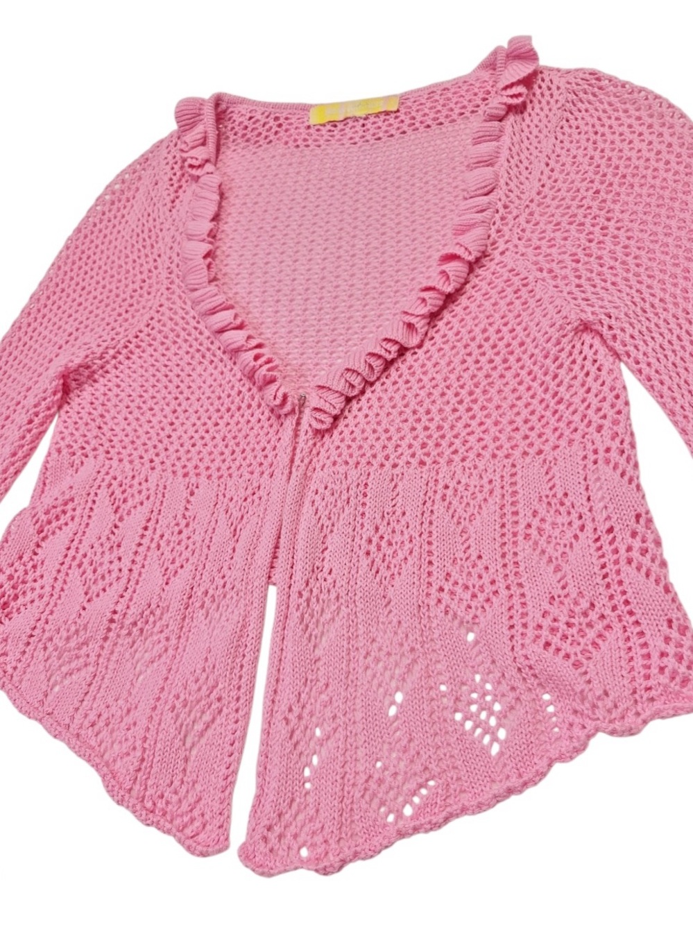 UO Women’s Pink Crochet Ruffle Coquette Cropped Bolero Cardigan Size:XS/S - Picture 7 of 8